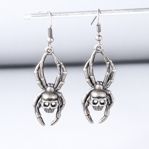 Any 2/$20! Silver Skull Spider Drop Earrings - Picture 3 of 7